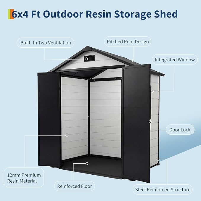 6x4 ft Outdoor Resin Storage Shed with Floor, Lockable Door & Window, Sloping Roof, Plastic Outdoor Sheds with Floor Garden Shed for Backyard Patio Lawn Mower Bike Tool Storage