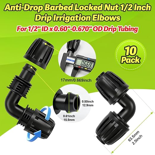 Drip Irrigation Elbow Fittings, 10 Pieces 1/2'' Dripline Locked Barbed Elbow Connectors for 1/2 Inch Irrigation Tubing (1/2" ID x 0.670" OD) 90 Degree Corner for Garden Sprinkler Systems