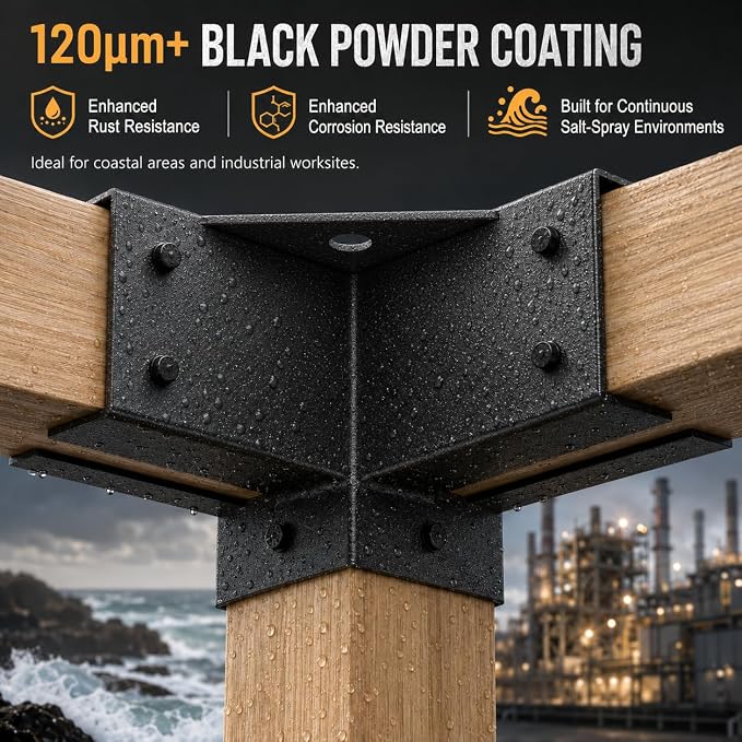 Pergola Brackets, 4x4 3-Way Heavy Duty Pergola Kit, 4pcs Right Angle Corner Bracket, Anti-Resistant Q235 Steel, 3.6"x3.6" Inner Fit for DIY Garden, Patio, Gazebo - Includes Screws (4-Pack).