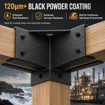 Pergola Brackets, 4x4 3-Way Heavy Duty Pergola Kit, 4pcs Right Angle Corner Bracket, Anti-Resistant Q235 Steel, 3.6"x3.6" Inner Fit for DIY Garden, Patio, Gazebo - Includes Screws (4-Pack).