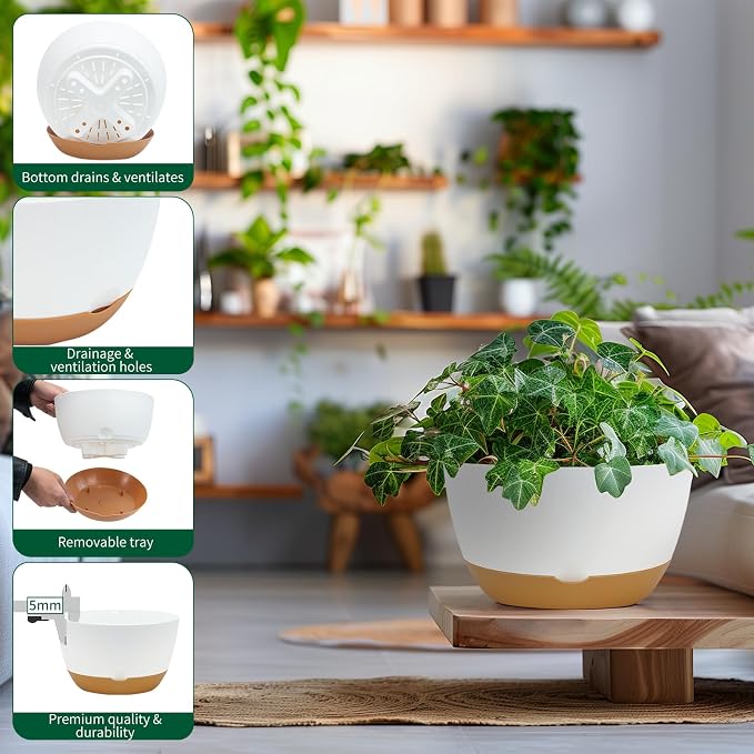 Koalaime 8/10/12 Inch Pots for Indoor Plants, Large Self Watering Planters with Drainage and Saucers, Plastic Outdoor Flower Pot, Set of 3, White