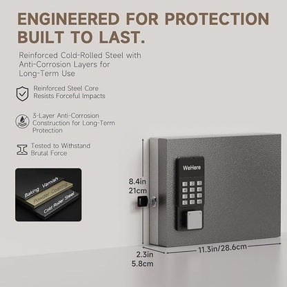 WeHere 16-Key Key Lock Box Wall Mount – Smart Key Cabinet with App, Keypad, Bluetooth & WiFi Unlock (Sold Separately), Key Organizer for Home, Access Log Tracking Key Management for Small Office