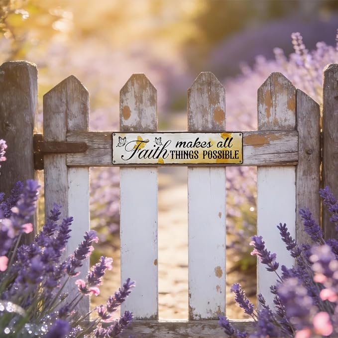 Garden Metal Tin Sign, Vintage Farmhouse Decor, Faith Makes All Things Possible, Butterfly Wall Decor for Yard Fence Porch, Inspirational Indoor Outdoor Garden Decoration, 15.7 x 3.9 Inches