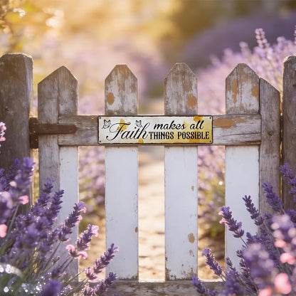 Garden Metal Tin Sign, Vintage Farmhouse Decor, Faith Makes All Things Possible, Butterfly Wall Decor for Yard Fence Porch, Inspirational Indoor Outdoor Garden Decoration, 15.7 x 3.9 Inches