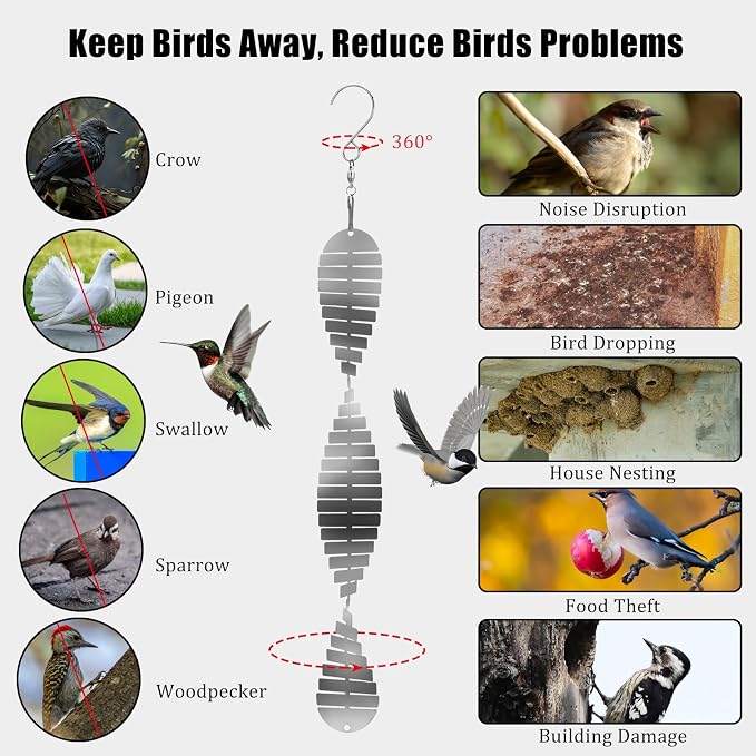 Stainless Steel Bird Deterrents for Outside Patio, Reflective 3D Bird Scare Devices Wind Spinners Outdoor Decor, Woodpecker Deterrent Bird Reflectors to Keep Pigeon Crow Away House Yard Window, 6 Pcs