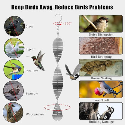 Stainless Steel Bird Deterrents for Outside Patio, Reflective 3D Bird Scare Devices Wind Spinners Outdoor Decor, Woodpecker Deterrent Bird Reflectors to Keep Pigeon Crow Away House Yard Window, 6 Pcs