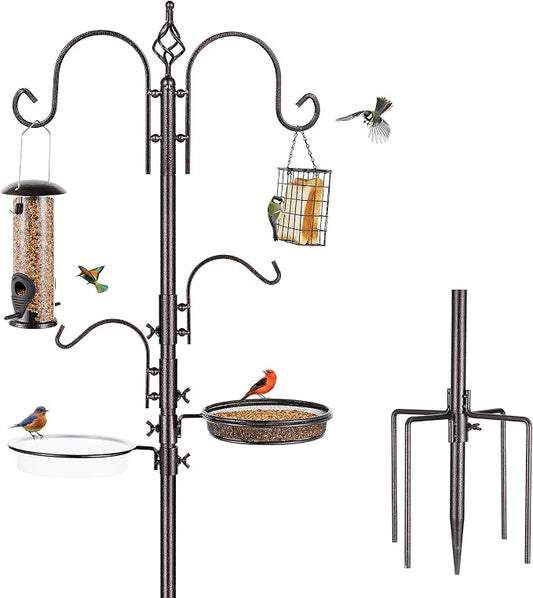 Deluxe Bird Feeding Station Kit with Multi Feeder Hanging Pole, Metal Suet Feeder, Bird Bath, Mesh Tray for Attracting Wild Birds and Planter Hanger (1 Pack)