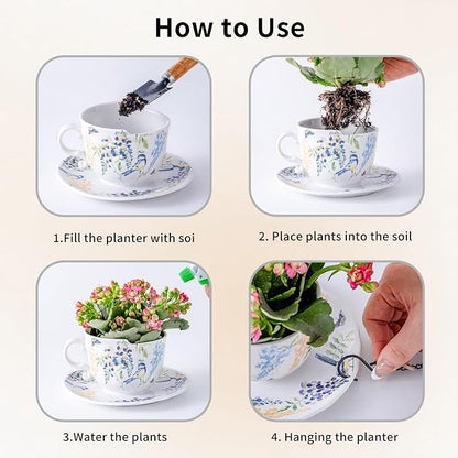 TEATALK Hanging Planters for Indoor Plants, Ceramic Pots with Drainage Hole, 4 Inch Hanging Planter with Chain, Outdoor Hanging Baskets for Plants, Birds & Flowers, Cup Shape
