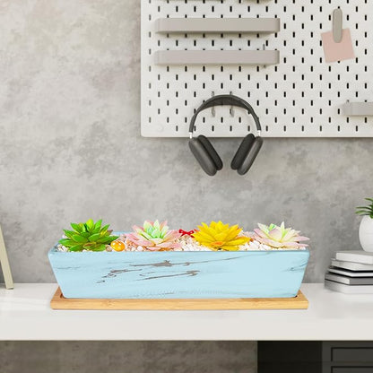 Succulent Pots - 12.1 Inch Large Succulent Pots with Drainage Tray, Window Sill Planter, Long Rectangle Ceramic Pots for Indoor Cactus/Succulent Plants Shallow Bonsai Window Box for Home Garden Decor