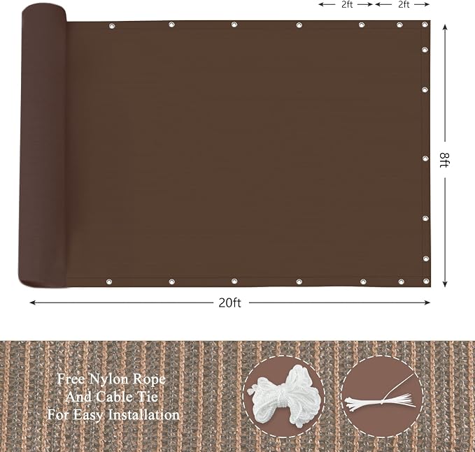 90% Outdoor Sun Shade Cloth, 8’ x 20’, Pergola, Deck, and Backyard Patio Sunshade with UV Protection, Heat Resistant HDPE Material, Reinforced Grommets (8x20 FT,Brown)