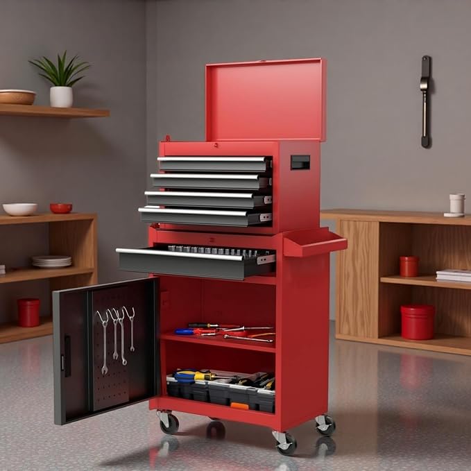 Tool Chest, 5-Drawers Rolling Tool Storage Cabinet with Lockable Wheels, Detachable Top, Adjustable Shelf & Locking Mechanism, Multifunctional Tool Cart for Garage Warehouse, Red