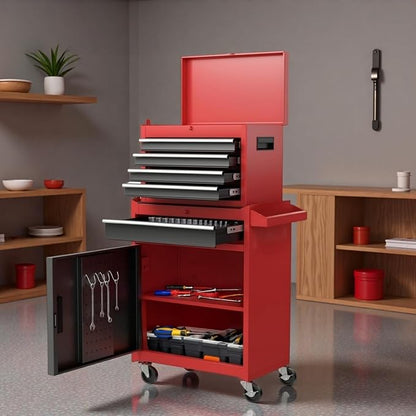 Tool Chest, 5-Drawers Rolling Tool Storage Cabinet with Lockable Wheels, Detachable Top, Adjustable Shelf & Locking Mechanism, Multifunctional Tool Cart for Garage Warehouse, Red