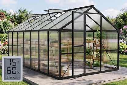 8x14FT Walk-in Greenhouse with Hygrometer,Polycarbonate Green House with UV Protection, Heavy Duty Greenhouse with Windproof Aluminum Frame, Roof Vent & Quick-Install Design