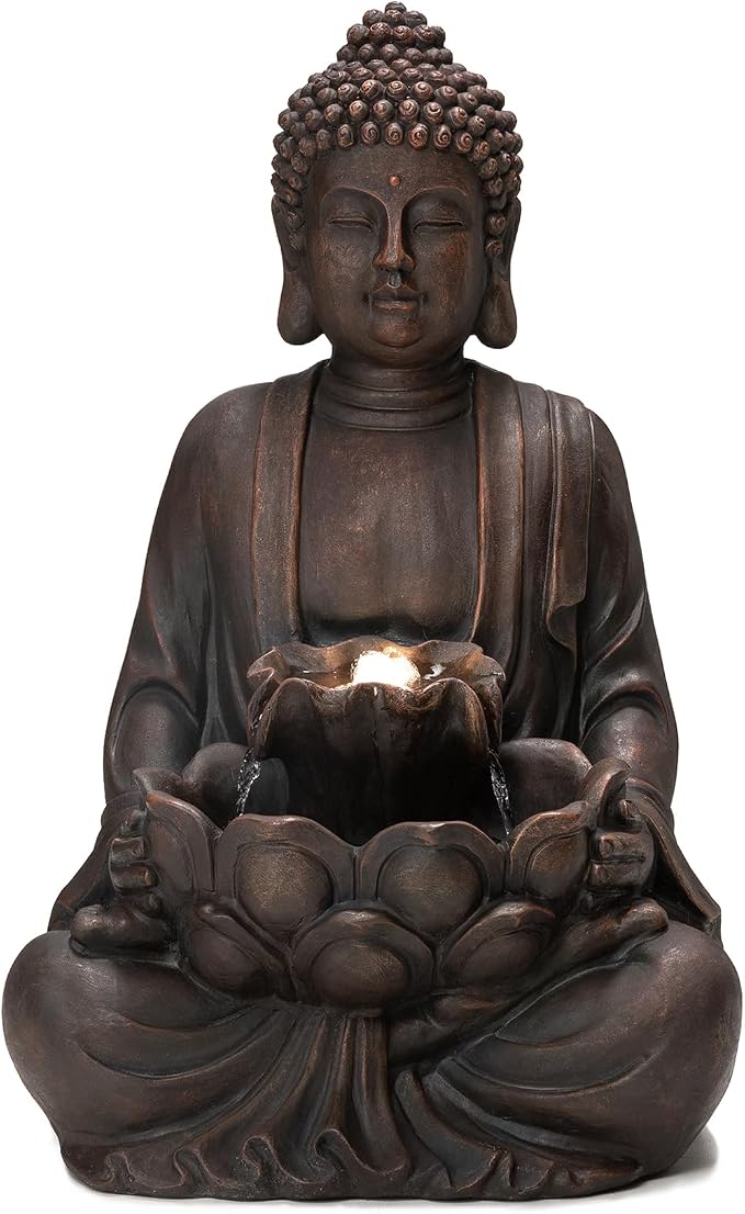 Glitzhome Zen Style Meditating Buddha Statue Fountain Polyresin Outdoor Decoration with Pump and LED Light, 23.25" H
