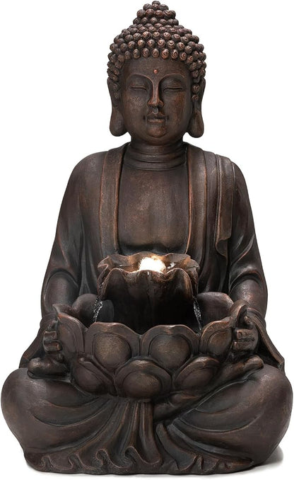 Glitzhome Zen Style Meditating Buddha Statue Fountain Polyresin Outdoor Decoration with Pump and LED Light, 23.25" H