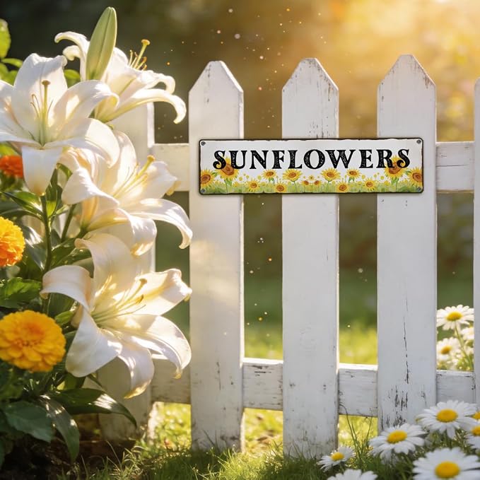 Garden Metal Tin Sign, Vintage Sunflower Decor, Rustic Farmhouse Floral Wall Art, for Gardens Yard Fence Door, Spring Summer Garden Decoration, 15.7 x 3.9 Inches