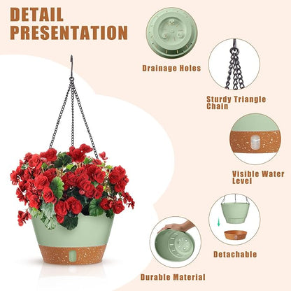 Amyhill 6 Pcs 8 Inch Hanging Planter for Indoor Plants Self Watering Hanging Pot Baskets with Drainage Hole Visible Water Level Tray with Hooks for Garden Outdoor(Green)