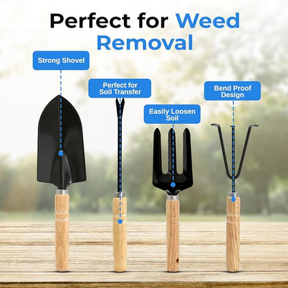 Scuddles 8-Piece Garden Tool Set with Bag, Stainless Steel Tools, Wooden Handles and Soft Poly-Cotton Gloves for Planting, Pruning and Home Gardening