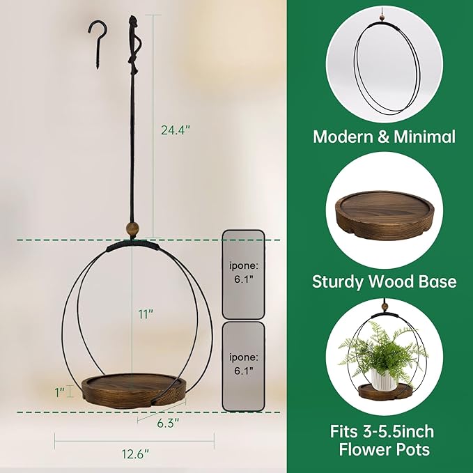 hismocal 4-Pack Hanging Plant Shelves, Wood Plant Display for 5.5" Pots | Solid Wood, Adjustable Rope, Fits Pots up to 5.5", 4-Pack