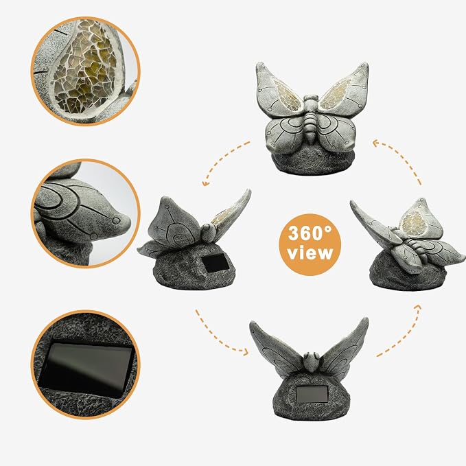 Rezpuao Garden Statue Butterfly,Solar Butterfly Decor for Outdoor,Resin Butterflies Figurine with Solar Light for Patio,Balcony,Yard,Lawn Ornament,Perfect Garden Gift
