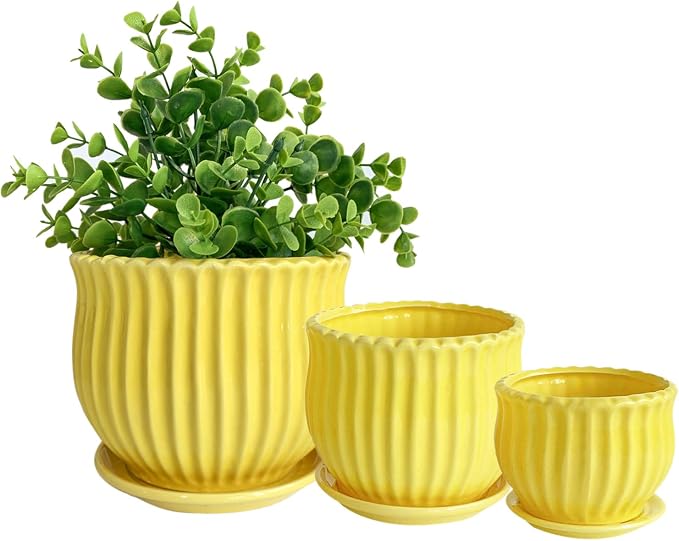 Yellow Ceramic Flower Pots with Saucers, Modern Round Ceramic Succulent Plant Pots with Stripe Texture, Small to Medium Sized, Set of 3