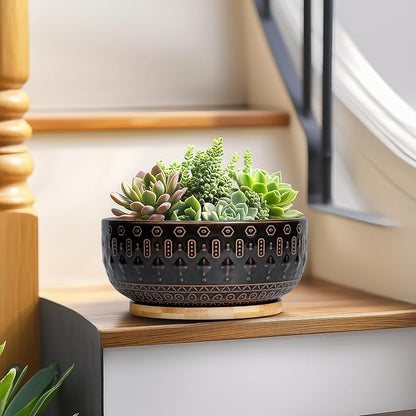 Bonsai Planter - 8 Inch Ceramic Pots for Plants Indoor, Shallow Round Succulent Bowl with Drainage Hole and Tray for Cactus, Boho Room Garden House Decor, Birthday Gifts, Black