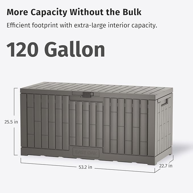 EAST OAK 120 Gallon Outdoor Storage Box | Large Resin Deck Box with Reinforced Stainless Steel Support | Waterproof & UV-Resistant Patio Storage Box for Cushions, Garden Tools & Accessories, Grey