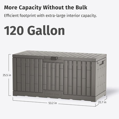 EAST OAK 120 Gallon Outdoor Storage Box | Large Resin Deck Box with Reinforced Stainless Steel Support | Waterproof & UV-Resistant Patio Storage Box for Cushions, Garden Tools & Accessories, Grey