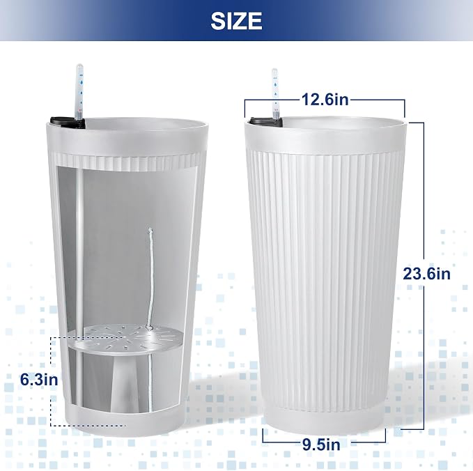 FENCY Self Watering Tall Planters Set of 2, White Round | 24 Inch, with Water Level Indicator& Spacious Reservoir, Plastic Tapered Pots, Weather-Resistant, Front Door Decor