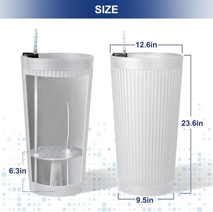 FENCY Self Watering Tall Planters Set of 2, White Round | 24 Inch, with Water Level Indicator& Spacious Reservoir, Plastic Tapered Pots, Weather-Resistant, Front Door Decor