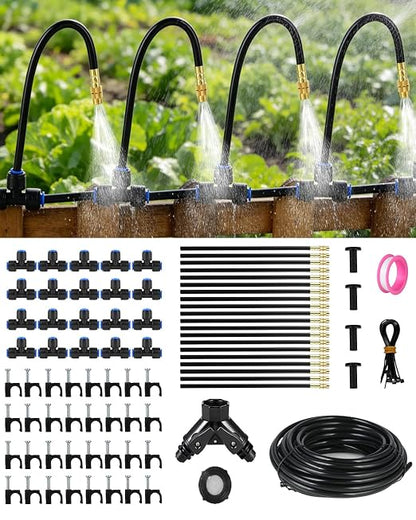 130FT Drip Irrigation System for Garden: 20 Nozzles 1/4" PE Tubing Automatic Watering Kit Adjustable Misting Sprinkler Mister Hose for Water Plants Tape Raised Beds Lawn Outdoor Yard Greenhouse 130FT