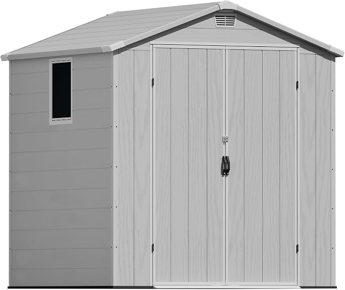 Greesum 6x6FT Plastic Outdoor Storage Shed with Floor, Resin Sheds with Lockable Double Door, Tool Sheds with Window and Vents, for Garden, Yard, Patio, Light Gray