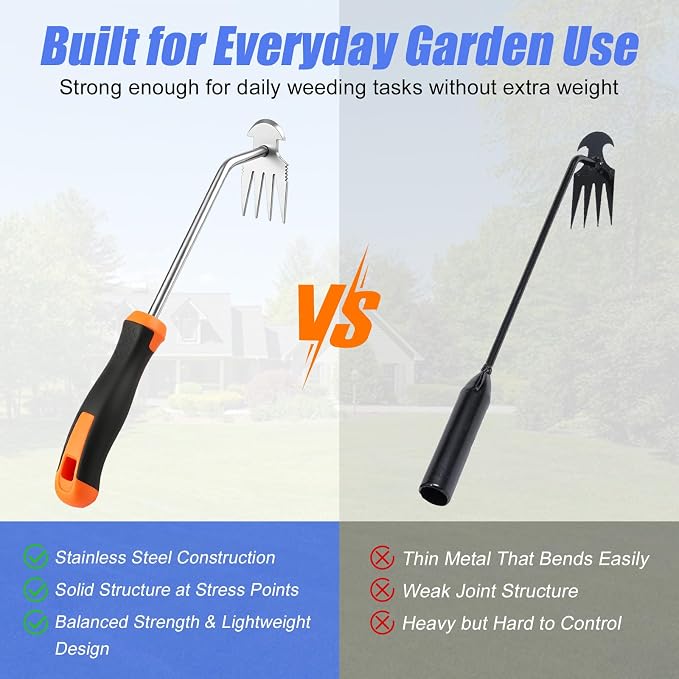Weed Remover Tool for Garden, Portable Stainless Steel Hand Weeder Tool, 13.3" Manual Weed Puller with Rubber Grip for Lawn, Flower Beds & Vegetable Gardening (Rubber Handle)