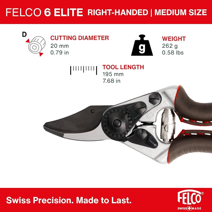 FELCO 6 ELITE Pruning Shears – 7.7" Swiss-Made Garden Clippers with Leather-Wrapped Handle for Medium Right Hands | Hand Pruners for Gardening | Garden Tool Cutter with Bypass Blade, Aluminum Body