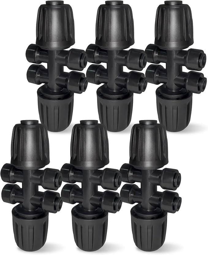 6 Pack 1/2'' to 1/4'' Drip Irrigation Fittings, Push-to-Fit 6 Way Drip Irrigation Part Barbed Tee Connectors, Anti-Leak Locked Splitter Fitting for 1/2" Irrigation Tubing (0.6''-0.67''OD)