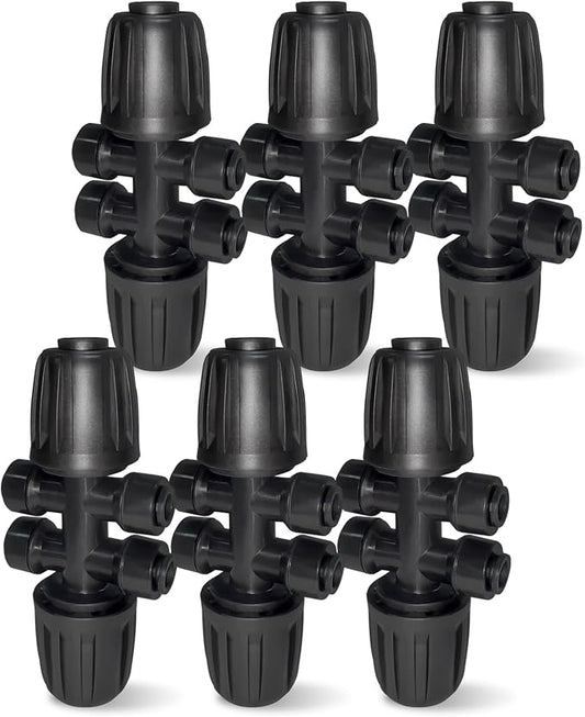 6 Pack 1/2'' to 1/4'' Drip Irrigation Fittings, Push-to-Fit 6 Way Drip Irrigation Part Barbed Tee Connectors, Anti-Leak Locked Splitter Fitting for 1/2" Irrigation Tubing (0.6''-0.67''OD)