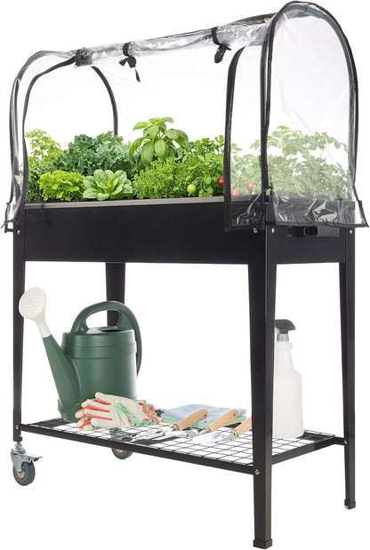 Raised Garden Bed with Cover - 31.5”x15.75”x47.25” Metal Elevated Planter Box with Legs, Greenhouse Cover, Wheels, and Storage Shelf - for Growing Flowers, Vegetables, or Herbs by Pure Garden (Black)