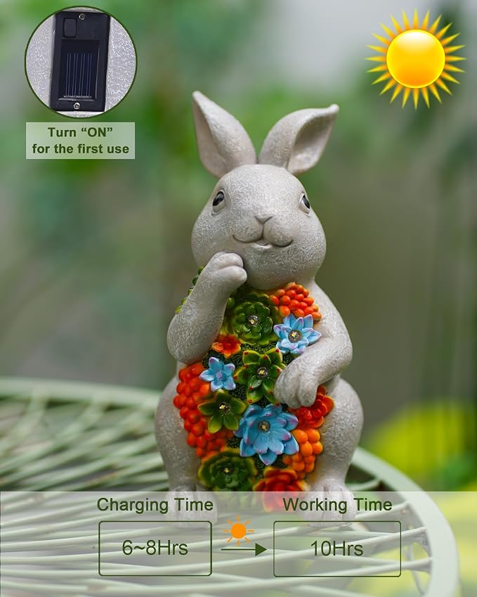 Nacome Solar Garden Outdoor Statues Bunny with Succulent and 7 LED Lights – Lawn Decor for Patio, Balcony, Yard Ornament for Mom Grandma Women