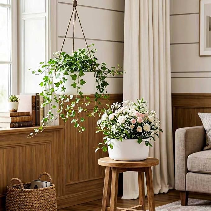 Asnext 10.7 Inch Hanging Planter for Outdoor Indoor Plants，2 Pack Hanging Flower Pots with Drain Holes for Garden Home Decor Use (White)