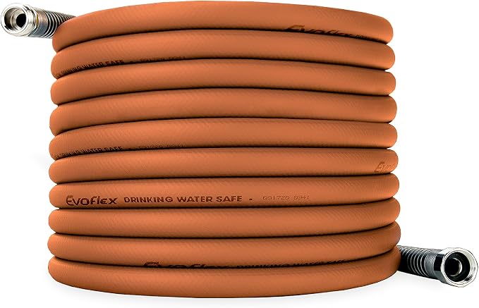 Camco EvoFlex 50-Ft Water Hose - RV Drinking Water Hose Contains No Lead, No BPA & No Phthalate - Flexible Design w/Stainless Steel Strain Relief Ends - 5/8” Inside Diameter, Brick (22587)