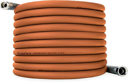 Camco EvoFlex 50-Ft Water Hose - RV Drinking Water Hose Contains No Lead, No BPA & No Phthalate - Flexible Design w/Stainless Steel Strain Relief Ends - 5/8” Inside Diameter, Brick (22587)