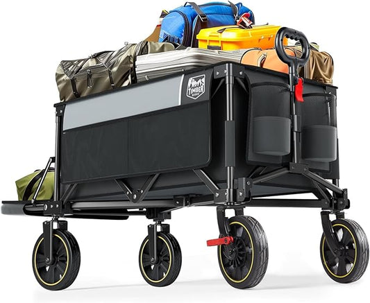Timber Ridge 49" Extra Long Collapsible Folding Wagon with Tailgate and Brakes, 300lbs Heavy Duty Foldable Wagon with Adjustable Handle, 250L Capacity Portable Cart for Outdoor Camping Sports, Grey
