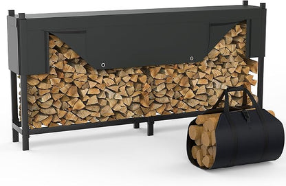 WALMANN Heavy-Duty 8 ft Firewood Rack with Waterproof Cover & Firewood Carry Bag, Outdoor Indoor Wood Log Holder for Fireplace, Patio & Porch, Sturdy Steel Fire Wood Storage Stand
