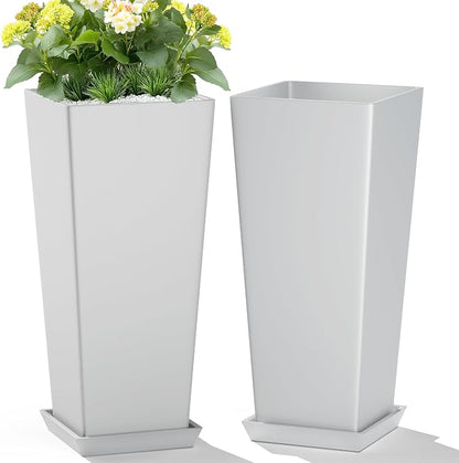 TUYOHW Set of 2 Tall Planters, 24" Large Indoor Outdoor Flower Pots with Tray, Modern Tapered Planters for Porch, Patio, Garden, Backyard(White)