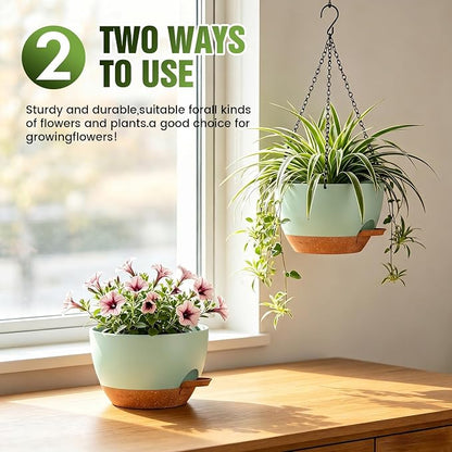 8 Inch Self Watering Hanging Planters Set of 3 with Saucers | Set of 3 8-inch self-watering hanging planters with side-fill watering ports, chain hangers & snap-on saucers