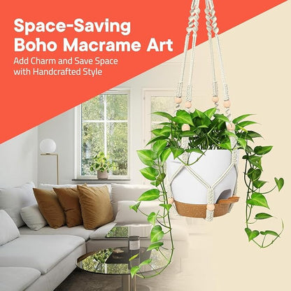 Black Hanging Self Watering Pots with Macrame Black Rope, 3 Pack Indoor & Outdoor Hanging Plant Pots with Built-in Reservoir, Wick Rope, Drainage Holes & Hooks, Stylish Boho Decor Hanging Planter