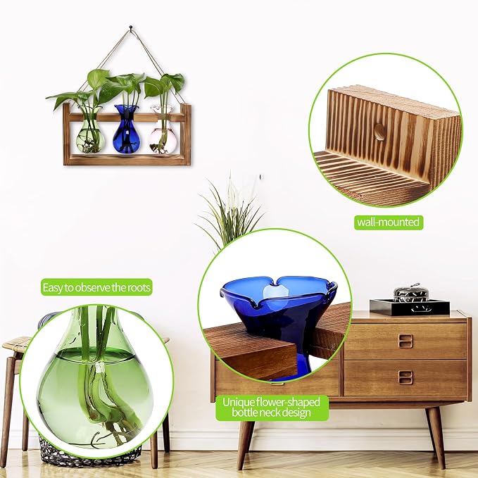 Plant Propagation Station Plant Terrarium Unique Birthday Gifts for Women | Plant Lovers Home Office Decor Planter with Wooden Stand - 3 Bulb Glass Vase