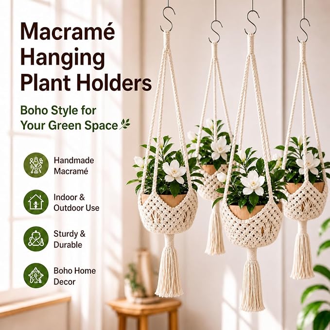 Shappy 1 Pack Boho Macrame Plant Hanger, Large Hanging Planter Plant Holder Pot Hanger Hanging Basket Wall Planters, Plants Lover Gift for Indoor Garden (Spiral Knot,White)