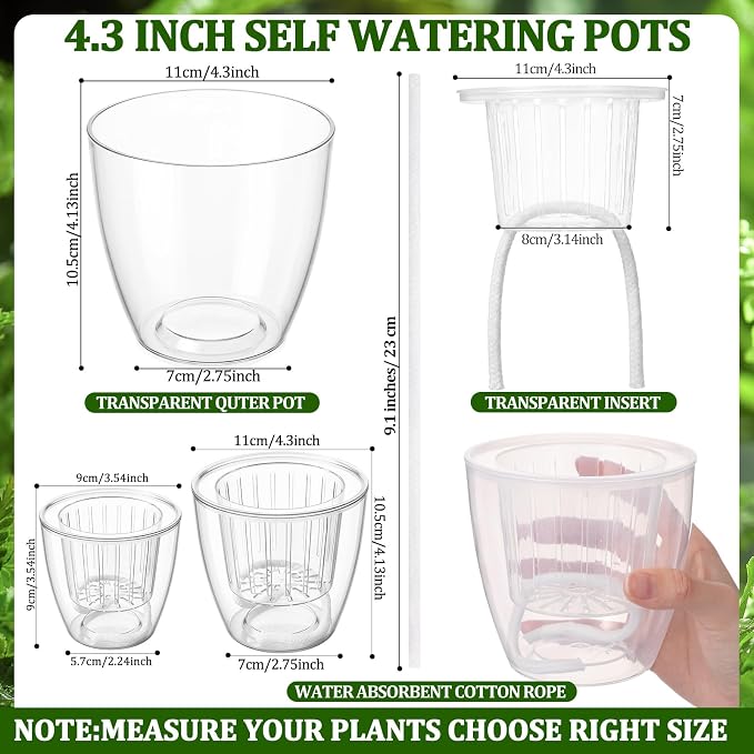 18 Pcs Self Watering Pots 4.3 Inch Plastic Flower Plant Pot with Inner Pot Self Watering Wick Planter White Clear Flower Pots for Indoor House Plants Herbs, Flowers, Succulents (Transparent)