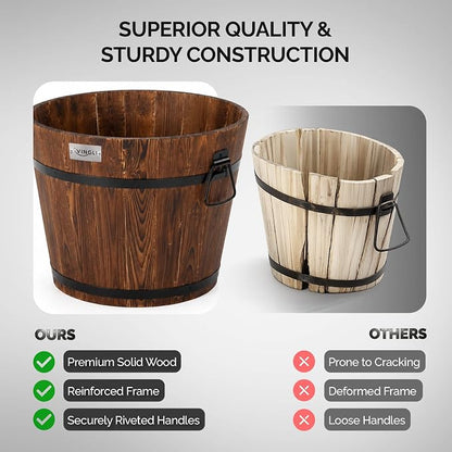 VINGLI 3 PCS Large Wooden Planter Barrel Set, 11.5"(Dia)- 18"(Dia) Real Wood Indoor/Outdoor Flower Pot w/Drainage Holes, Different Sizes, Large Garden Container Box